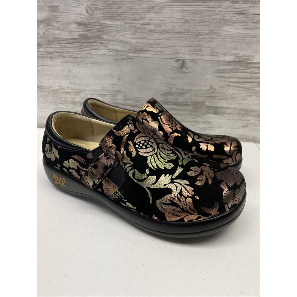 Alegria Kara KAR-557X Womens 8 Black Metallic Floral Slip On Clogs EU 38